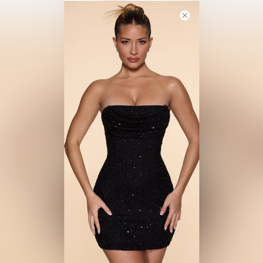 Oh Polly Basel Embellished Strapless Cowl Neck Mini Dress in Black